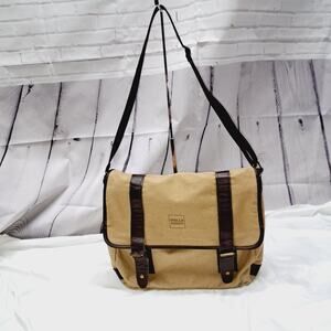 Wells Fargo Tan Canvas Brown Leather Messenger Bag adjustable Crossbody